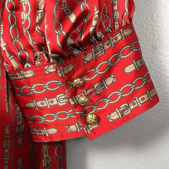 BANANA REPUBLIC Women’s Red Silver Chain silk blouse with front tie M vtg - Picture 9 of 13